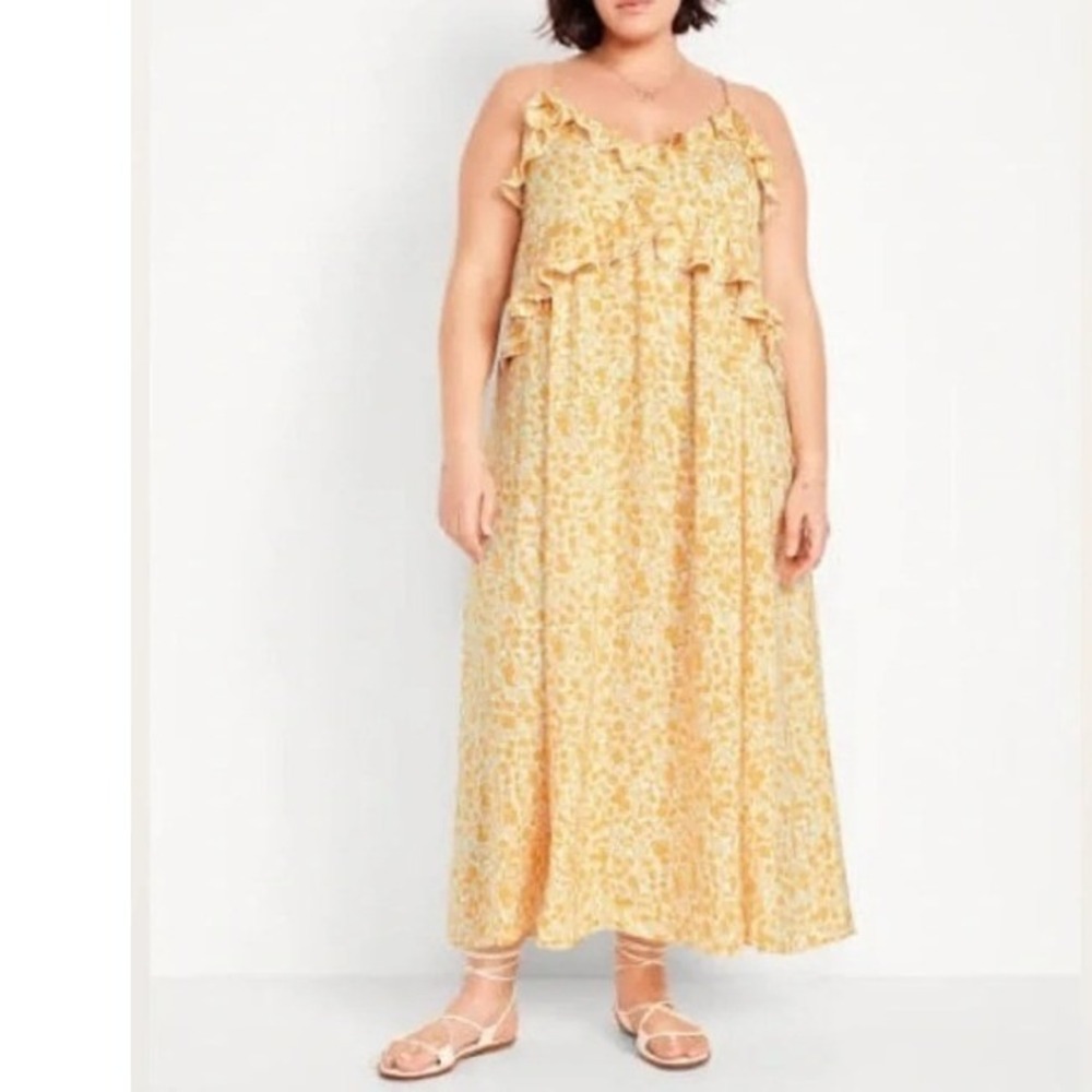 NEW Old Navy Womens Plus 2X Yellow Floral Ruffle Cami Maxi Dress Sleeveless